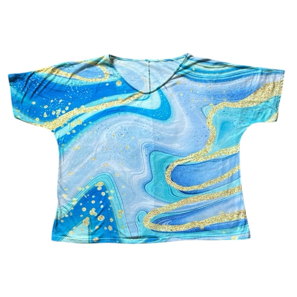 Aqua Blue & Gold Wavy Swirl Pattern Design Knit Top Short Sleeves Scoop Neck 5XL - Picture 3 of 16